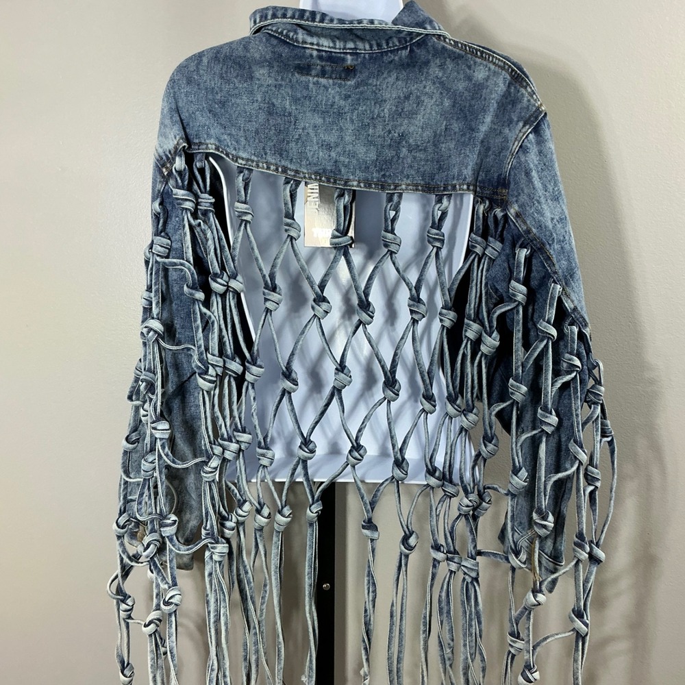 Thrill Jeans Womens Acid Wash Macrame Fringe Denim Jacket Blue Large - Picture 2 of 6